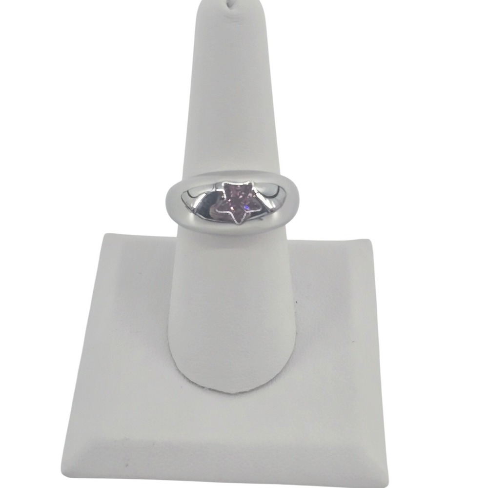 Dome Ring Womens Size 8 Star Inset Pink CZ Silver Tone - Picture 2 of 4